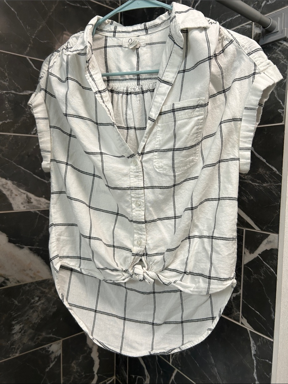 Windowpane Tie-Front Button-Down Shirt in White